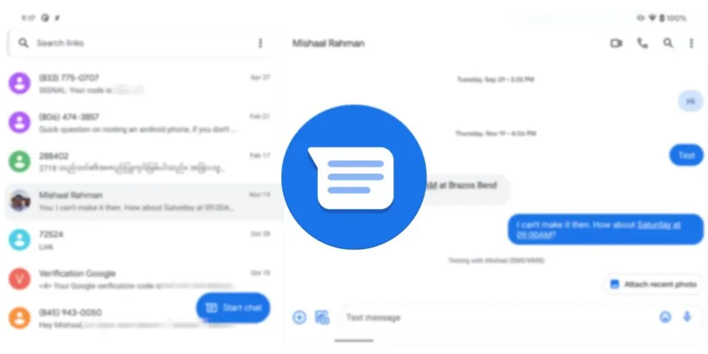 Google Messages split screen vie